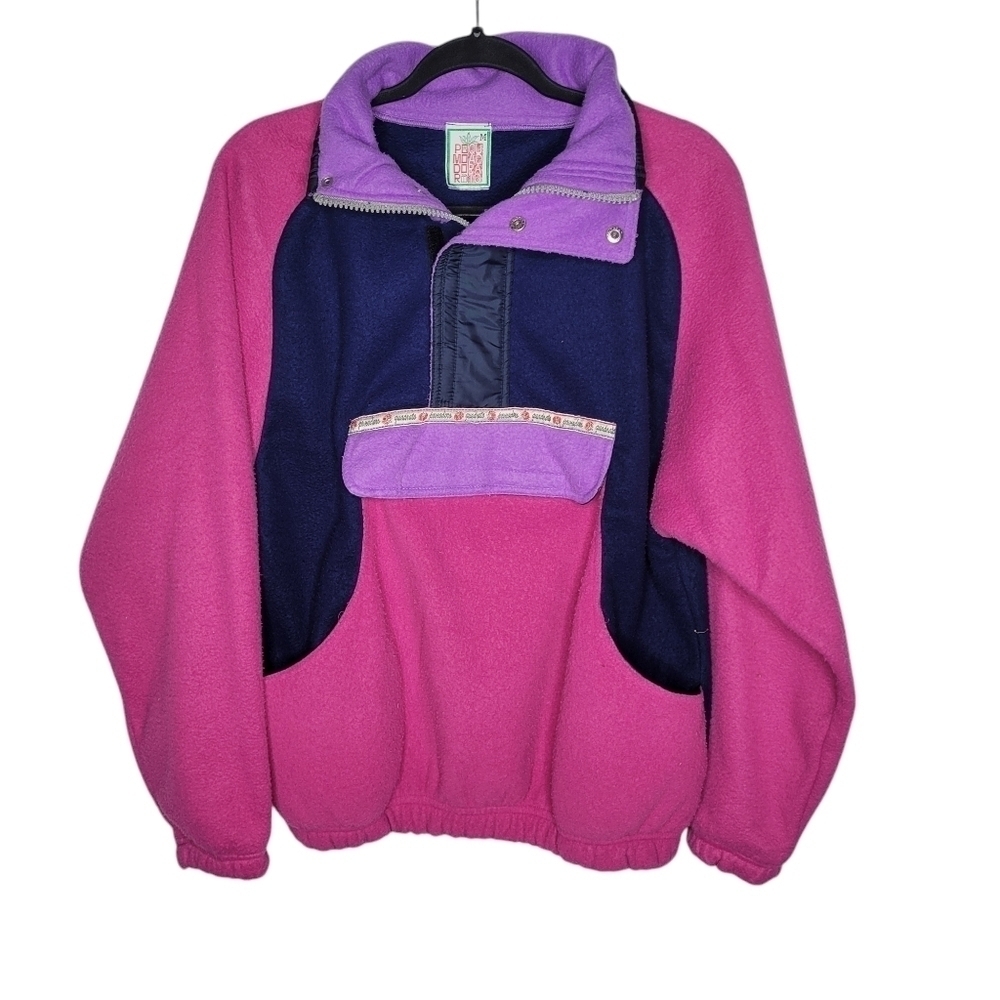 Vintage 80s Womens Quartzer Zip 1/4 Zip Fleece Center Pocket Pullover in Pink